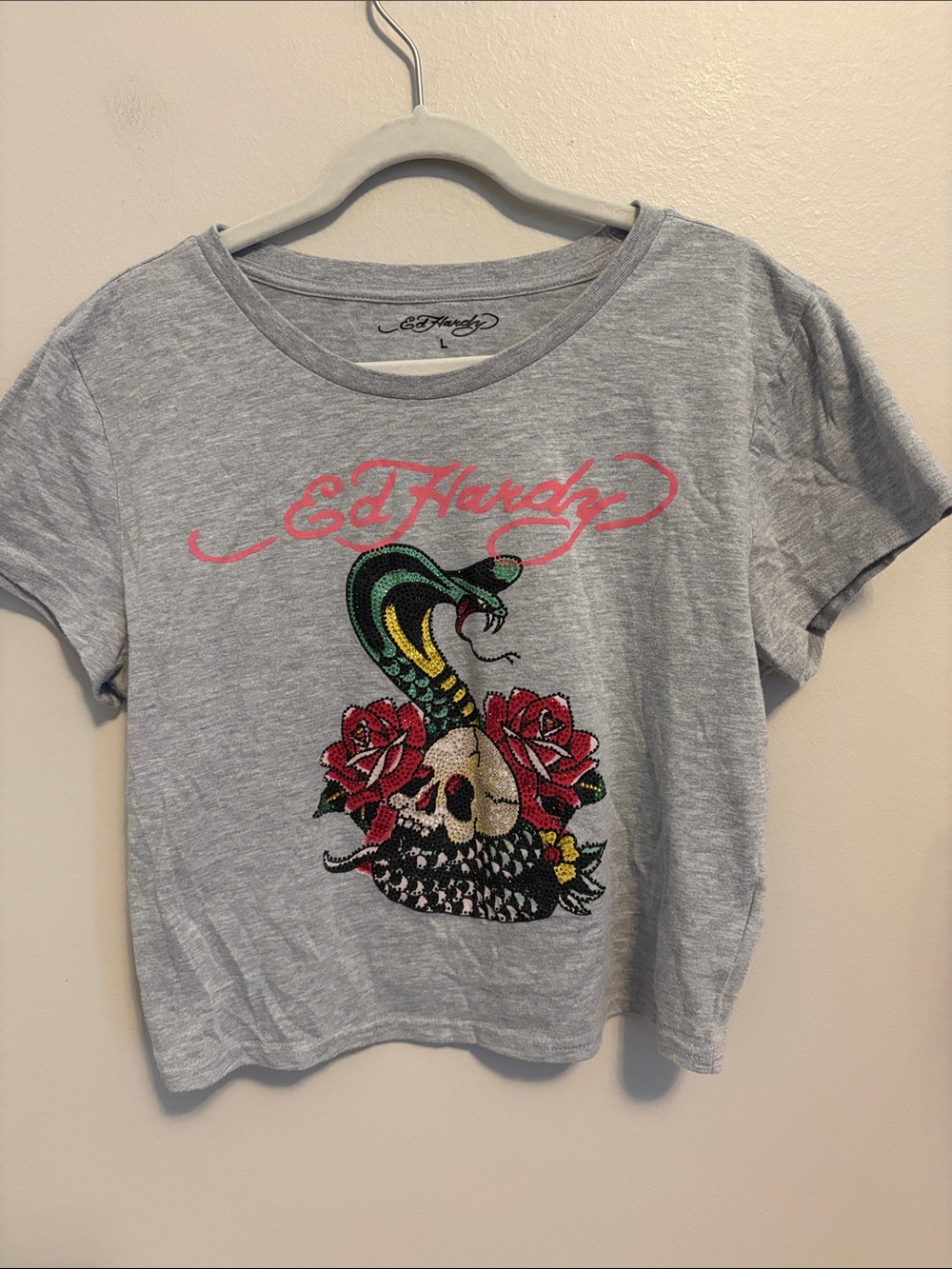 Ed Hardy Light Gray Cropped Tee with Snake, Skull & Rose Graphic with Beading